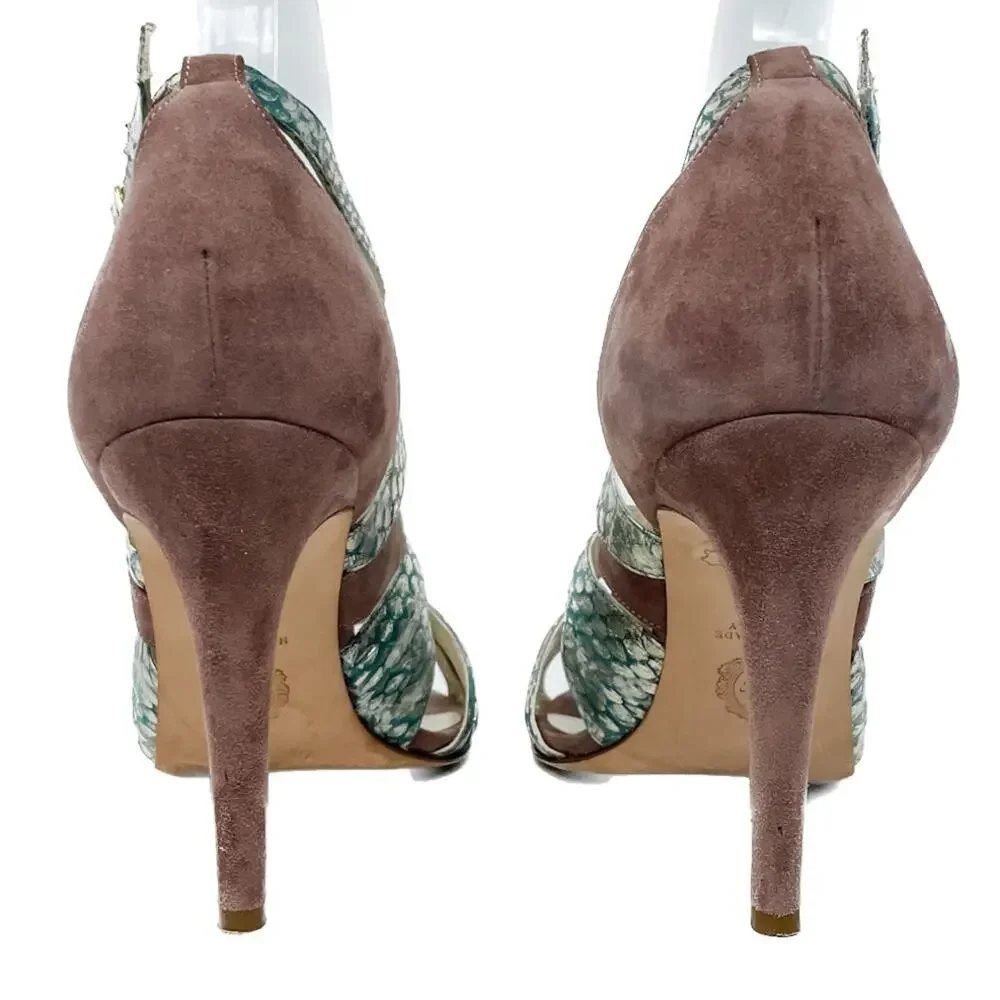 Sarah Flint Vilma Suede & Snakeskin Sandals aqua mauve gold size 37 US7